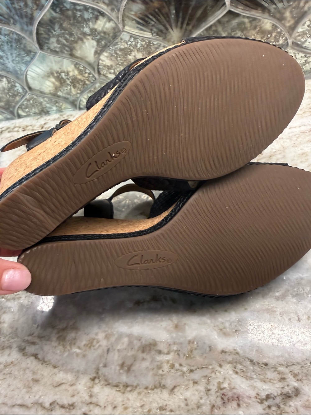 Clarks Black Snake-Texture Wedge Sandals - Picture 9 of 12